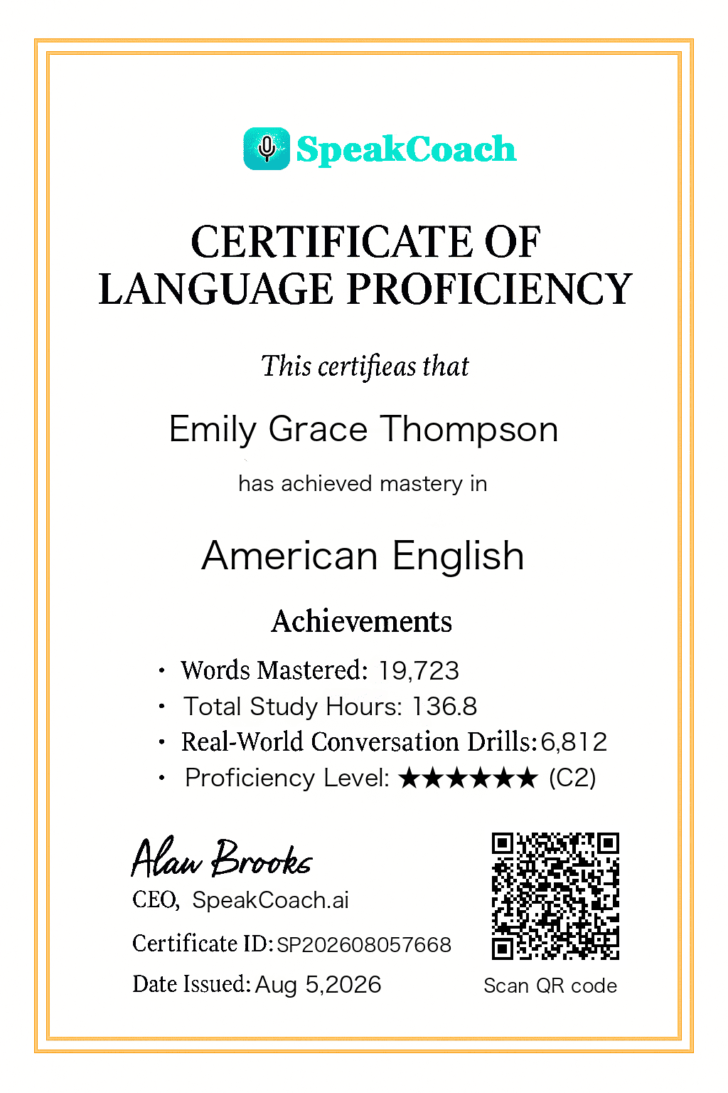 Certificato linguistico di SpeakCoach AI