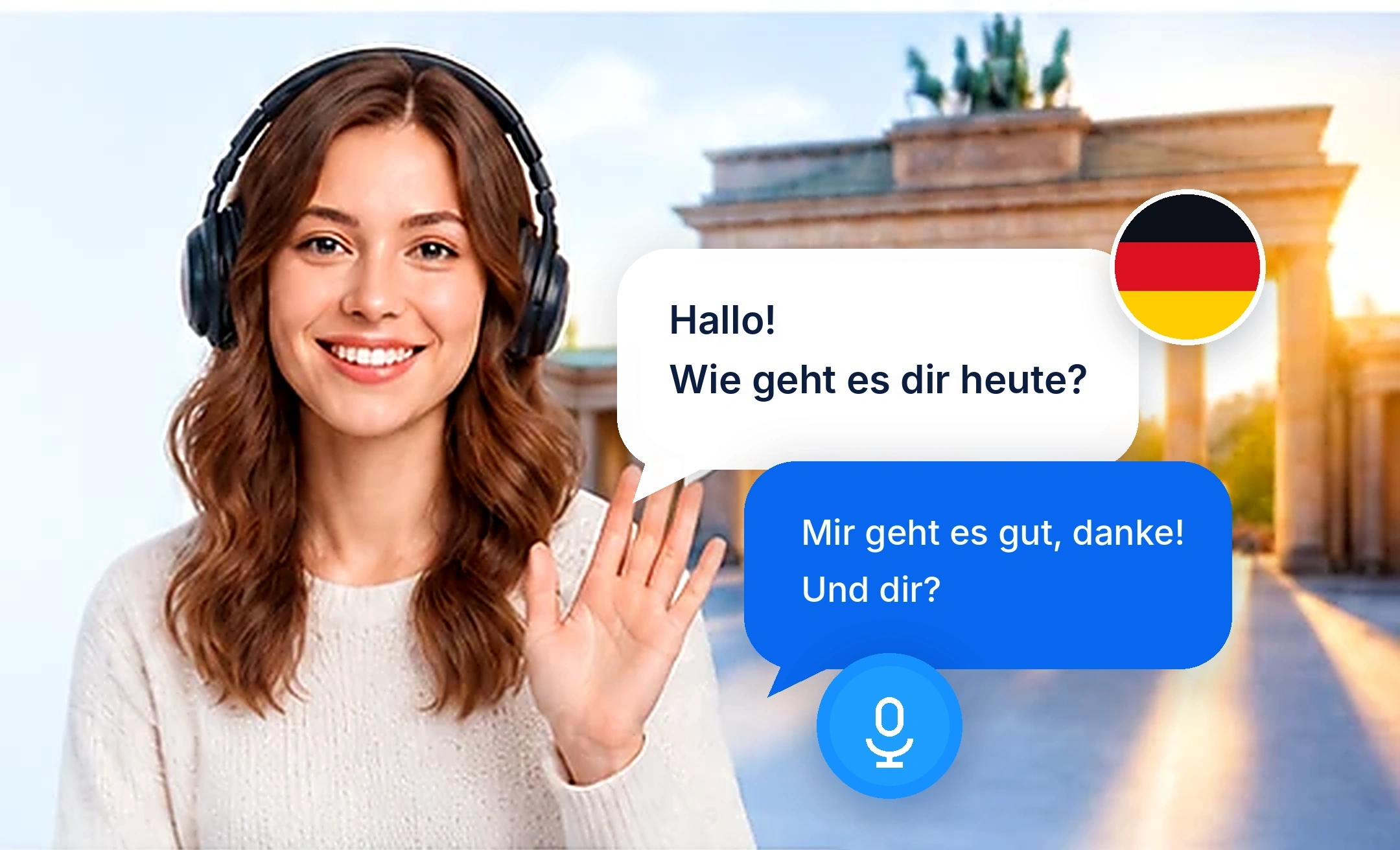 Smiling AI German tutor wearing headphones with German conversation bubbles beside the Brandenburg Gate